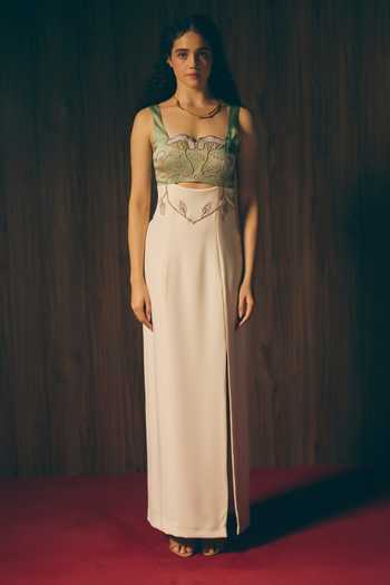 Buy_love, Kiki_Green Crepe, Satin Embroidery Square Neck Sage Silken Hand Gown _Online_at_Aza_Fashions