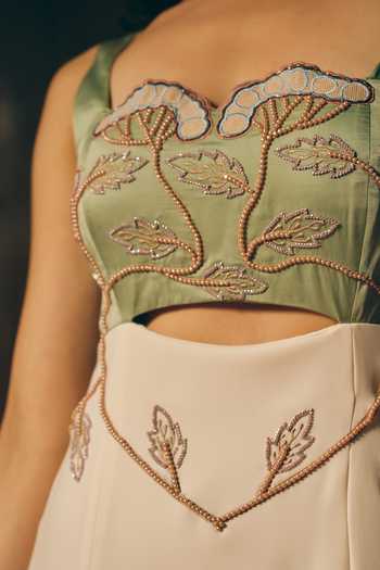 love, Kiki_Green Crepe, Satin Embroidery Square Neck Sage Silken Hand Gown _at_Aza_Fashions