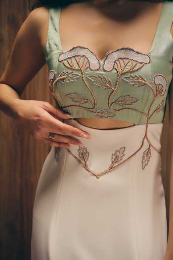Buy_love, Kiki_Green Crepe, Satin Embroidery Square Neck Sage Silken Hand Gown 