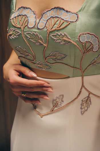Shop_love, Kiki_Green Crepe, Satin Embroidery Square Neck Sage Silken Hand Gown 