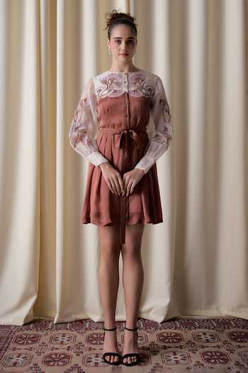 love, Kiki_Brown Organza, Satin, Silk Organza, Cotton Rustwood Grape Embroidered Yoke Dress _Online_at_Aza_Fashions