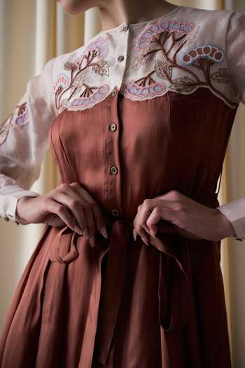 Buy_love, Kiki_Brown Organza, Satin, Silk Organza, Cotton Rustwood Grape Embroidered Yoke Dress _Online_at_Aza_Fashions