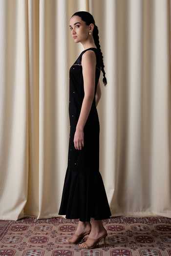 love, Kiki_Black Organza, Cotton Satin High Neck Starry Butta Embroidered Dress _Online_at_Aza_Fashions