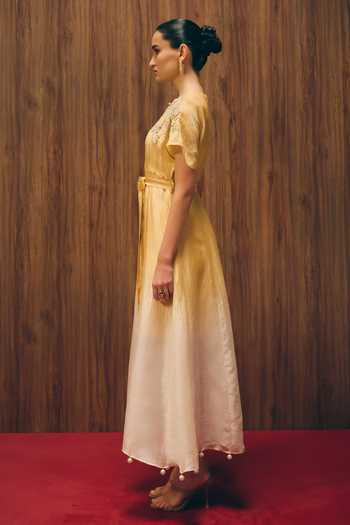 Buy_love, Kiki_Yellow Satin, Linen Round Neck Florien Golden Ombre Dress _Online_at_Aza_Fashions