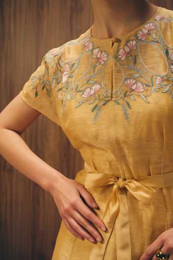 Shop_love, Kiki_Yellow Satin, Linen Round Neck Florien Golden Ombre Dress _Online_at_Aza_Fashions
