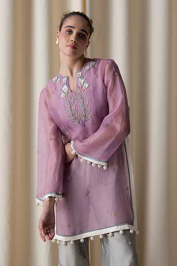love, Kiki_Purple Silk Organza, Cotton , Sheer Embroidered Tunic And Pant Set _Online_at_Aza_Fashions