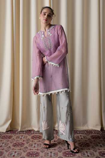 love, Kiki_Purple Silk Organza, Cotton , Sheer Embroidered Tunic And Pant Set _at_Aza_Fashions