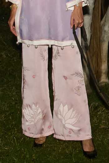 love, Kiki_Blue Satin, Silk Organza Split V-neck, Yes Embroidered Sheer Tunic And Pant Set _Online_at_Aza_Fashions