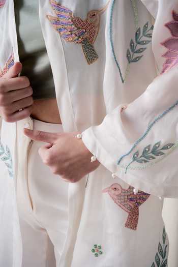 love, Kiki_Ivory Cotton, Organza, Crepe, Satin Wildflower Embroidered Jacket And Pant Set _Online_at_Aza_Fashions