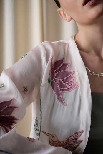 love, Kiki_Ivory Cotton, Organza, Crepe, Satin Wildflower Embroidered Jacket And Pant Set _at_Aza_Fashions