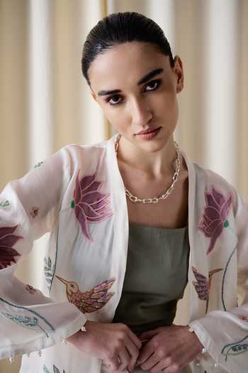 Buy_love, Kiki_Ivory Cotton, Organza, Crepe, Satin Wildflower Embroidered Jacket And Pant Set 