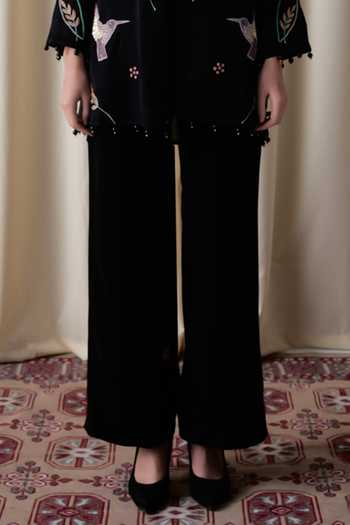 love, Kiki_Black Organza, Crepe, Cotton Satin, Wildflower Embroidered Jacket And Trouser Set _Online_at_Aza_Fashions
