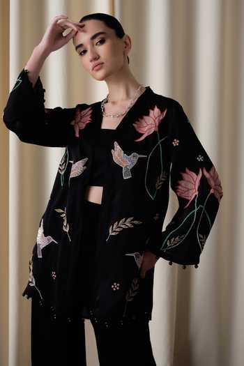 Buy_love, Kiki_Black Organza, Crepe, Cotton Satin, Wildflower Embroidered Jacket And Trouser Set _Online_at_Aza_Fashions