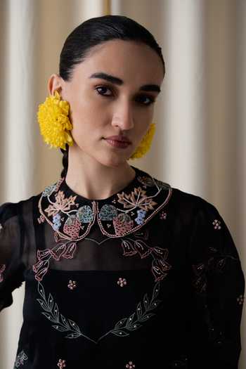 Buy_love, Kiki_Black Crepe, Silk Organza Round Nightfall Lotus Embroidered Tunic And Pant Set _Online_at_Aza_Fashions