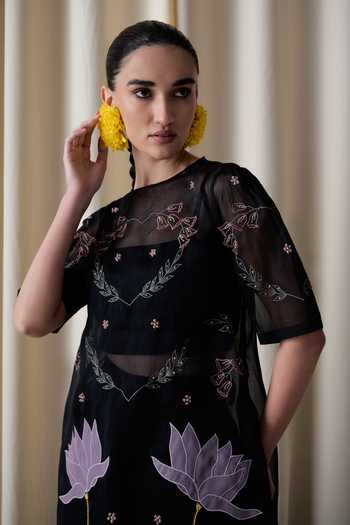 Shop_love, Kiki_Black Crepe, Silk Organza Round Nightfall Lotus Embroidered Tunic And Pant Set _Online_at_Aza_Fashions