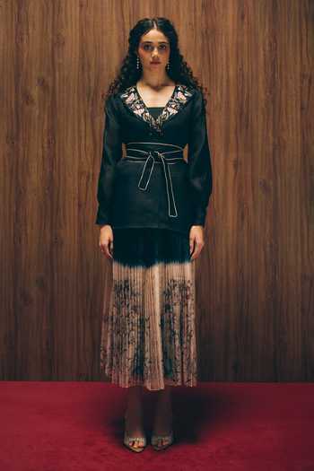 Shop_love, Kiki_Black , Organza, Crepe, Midnight Bloom Jacket And Ombre Pleated Skirt Set _Online_at_Aza_Fashions