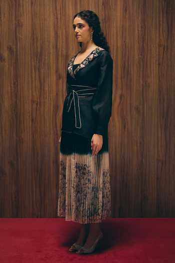 love, Kiki_Black , Organza, Crepe, Midnight Bloom Jacket And Ombre Pleated Skirt Set _at_Aza_Fashions