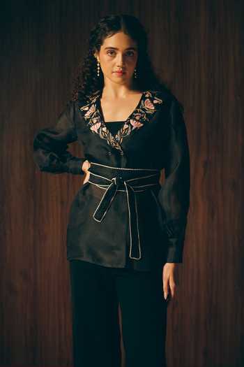 love, Kiki_Black Silk Organza, Cotton Satin Midnight Bloom Embroidered Jacket And Pant Set _Online_at_Aza_Fashions