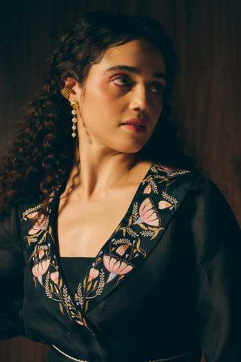 love, Kiki_Black Silk Organza, Cotton Satin Midnight Bloom Embroidered Jacket And Pant Set _at_Aza_Fashions