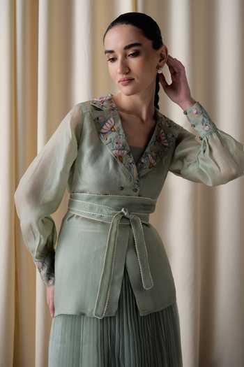 Buy_love, Kiki_Green Organza V-neck Daylight Blossom Jacket And Ombre Pleated Skirt Set _Online_at_Aza_Fashions