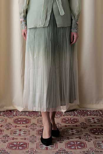 Shop_love, Kiki_Green Organza V-neck Daylight Blossom Jacket And Ombre Pleated Skirt Set _Online_at_Aza_Fashions