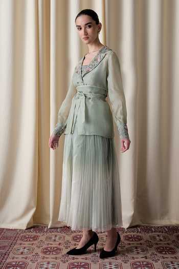 love, Kiki_Green Organza V-neck Daylight Blossom Jacket And Ombre Pleated Skirt Set _at_Aza_Fashions