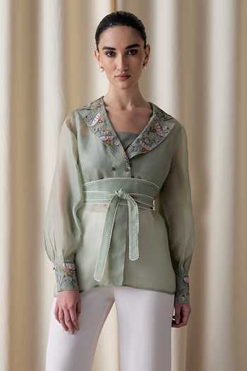 love, Kiki_Green Organza V-, Square Daylight Blossom Jacket And Pant Set _Online_at_Aza_Fashions