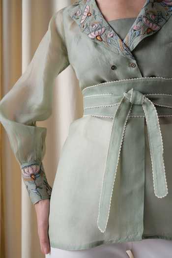 Shop_love, Kiki_Green Organza V-, Square Daylight Blossom Jacket And Pant Set _Online_at_Aza_Fashions
