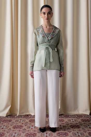 love, Kiki_Green Organza V-, Square Daylight Blossom Jacket And Pant Set _at_Aza_Fashions