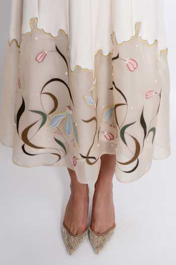 love, Kiki_Ivory Crepe, Silk Organza, Shantoon Round Neck Tara Embroidered Dress _Online_at_Aza_Fashions