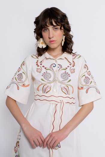 Buy_love, Kiki_Ivory Tencel Collared Tarang Embroidered Shirt Dress _Online_at_Aza_Fashions