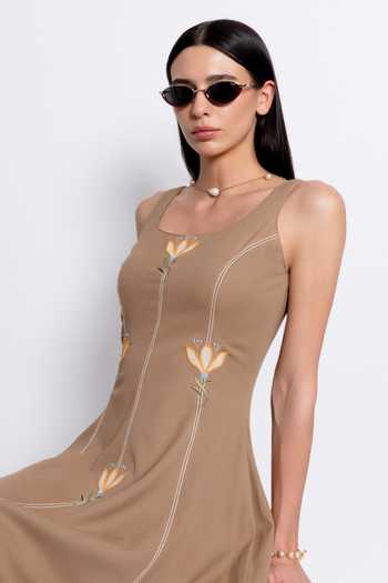 Shop_love, Kiki_Brown Organza, Tencel Scoop Neck Mandra Floral Embroidered Dress _Online_at_Aza_Fashions