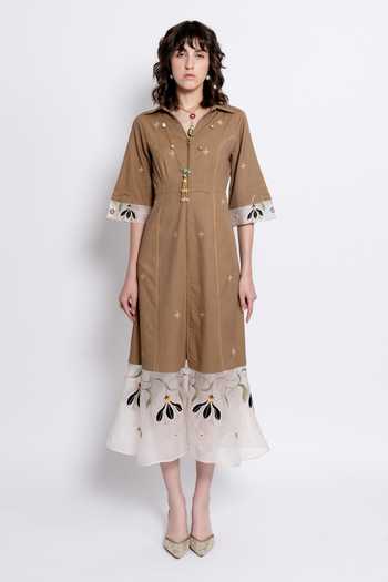 love, Kiki_Brown Silk Organza, Tencel Collared Laya Embroidered Dress _Online_at_Aza_Fashions