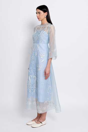 love, Kiki_Blue Silk Organza, Cotton Satin, Lycra Round Alara Hand Embroidered Sheer Dress _Online_at_Aza_Fashions