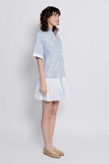 Buy_love, Kiki_Blue Cotton V-neck, Collared Nada Embroidered Short Shirt Dress _Online_at_Aza_Fashions