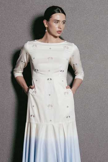 love, Kiki_Blue Cotton Boat Neck Antara Embroidered Ombre Dress _Online_at_Aza_Fashions