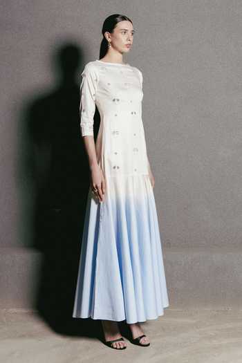 Shop_love, Kiki_Blue Cotton Boat Neck Antara Embroidered Ombre Dress _Online_at_Aza_Fashions