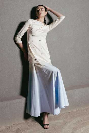 Buy_love, Kiki_Blue Cotton Boat Neck Antara Embroidered Ombre Dress 