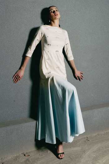 Shop_love, Kiki_Blue Cotton Boat Neck Antara Embroidered Ombre Dress 