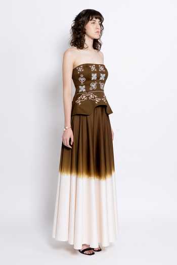 love, Kiki_Ivory Cotton Embroidery Bandeau Neck Vira Sculpted Corset And Skirt Set _Online_at_Aza_Fashions