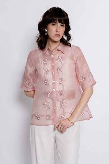 love, Kiki_Blush Cotton, Crepe, Silk Organza Meera Embroidered Shirt And Trouser Set _Online_at_Aza_Fashions
