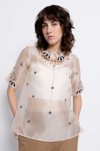love, Kiki_Ivory Silk Organza, Tencel, Silk, Murki Floral Embroidered Top And Trouser Set _Online_at_Aza_Fashions