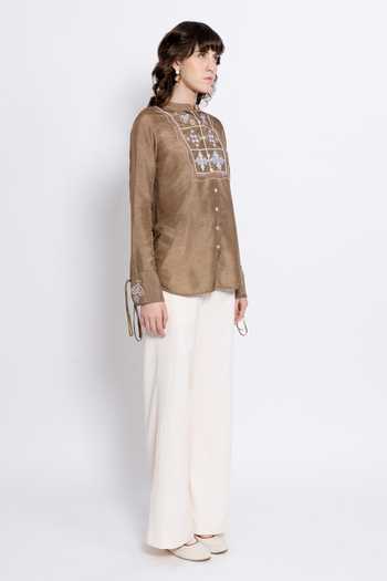 love, Kiki_Brown Viscose, Tencel Mandarin Collar Anira Embroidered Shirt And Trouser Set _Online_at_Aza_Fashions