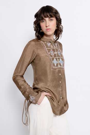 Shop_love, Kiki_Brown Viscose, Tencel Mandarin Collar Anira Embroidered Shirt And Trouser Set _Online_at_Aza_Fashions