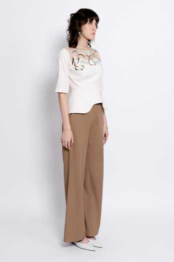 love, Kiki_Brown Crepe, Silk Organza, Tencel Boat Embroidered Premium Peplum And Trouser Set _Online_at_Aza_Fashions