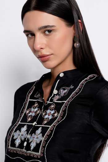 Buy_love, Kiki_Black Viscose, Tencel Mandarin Collar Ivara Embroidered Shirt And Trouser Set _Online_at_Aza_Fashions