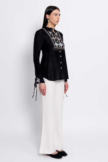 Shop_love, Kiki_Black Viscose, Tencel Mandarin Collar Ivara Embroidered Shirt And Trouser Set _Online_at_Aza_Fashions