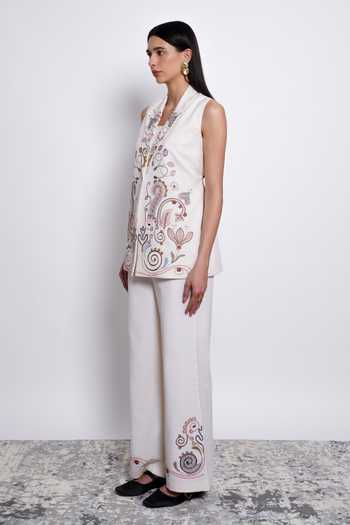 love, Kiki_Ivory Tencel Raaga Embroidered Blazer And Trouser Set _Online_at_Aza_Fashions