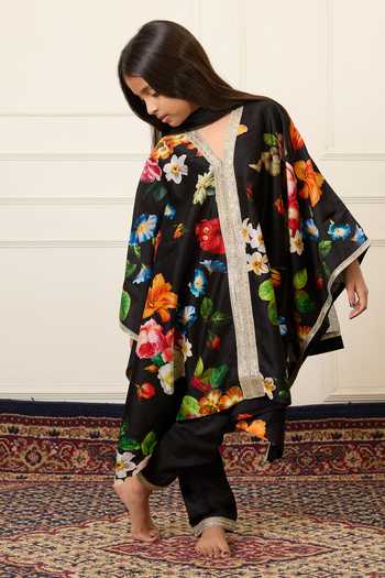Mamma Plz_Black Chanderi, Cotton, Voile Floral Print Kaftan Set _Online_at_Aza_Fashions