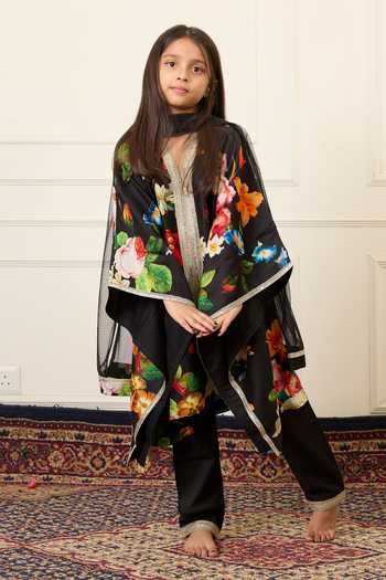 Buy_Mamma Plz_Black Chanderi, Cotton, Voile Floral Print Kaftan Set _Online_at_Aza_Fashions